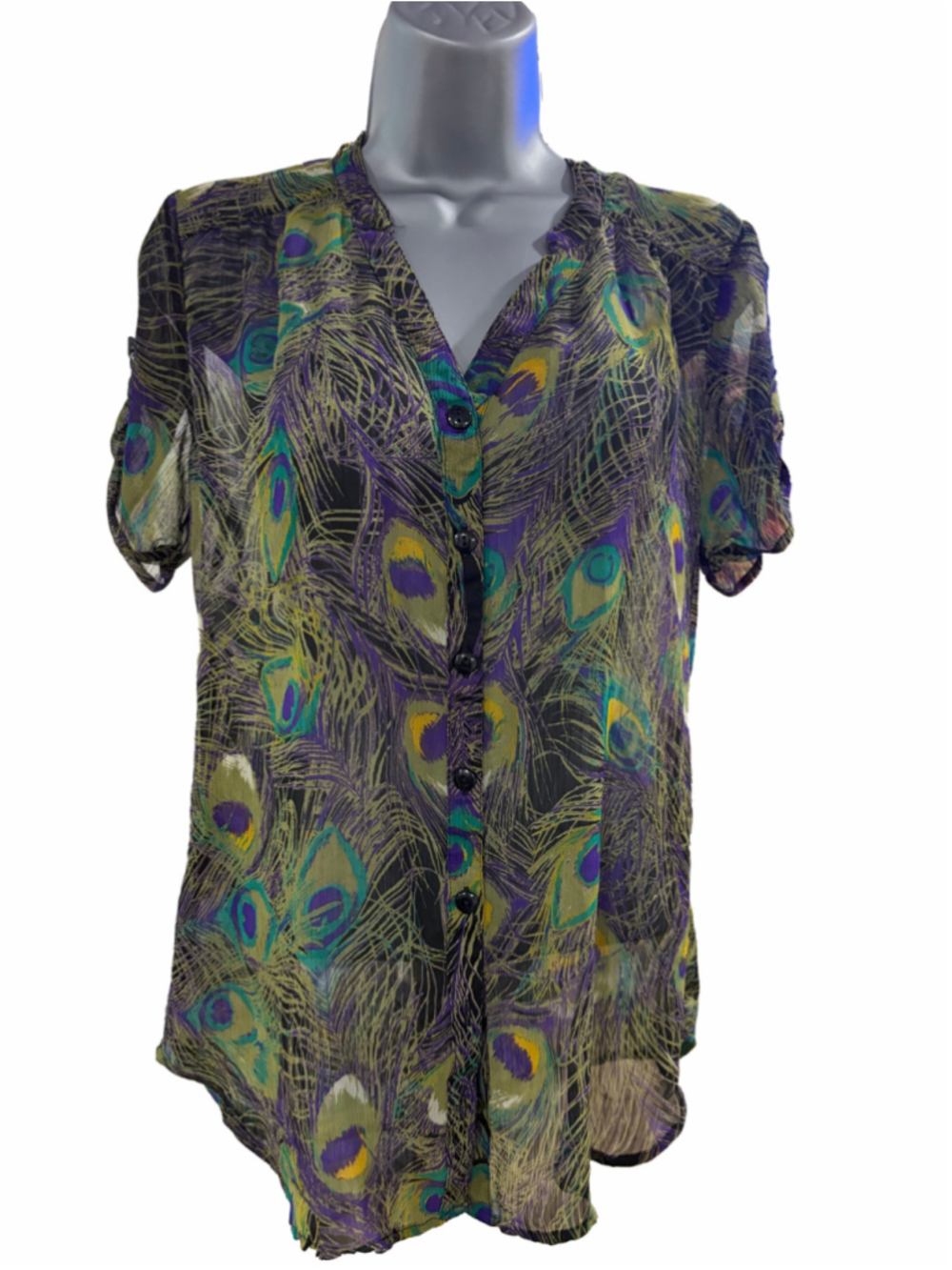 10. Women's Sara Michelle Peacock Print Blouse Size Large Purple Green